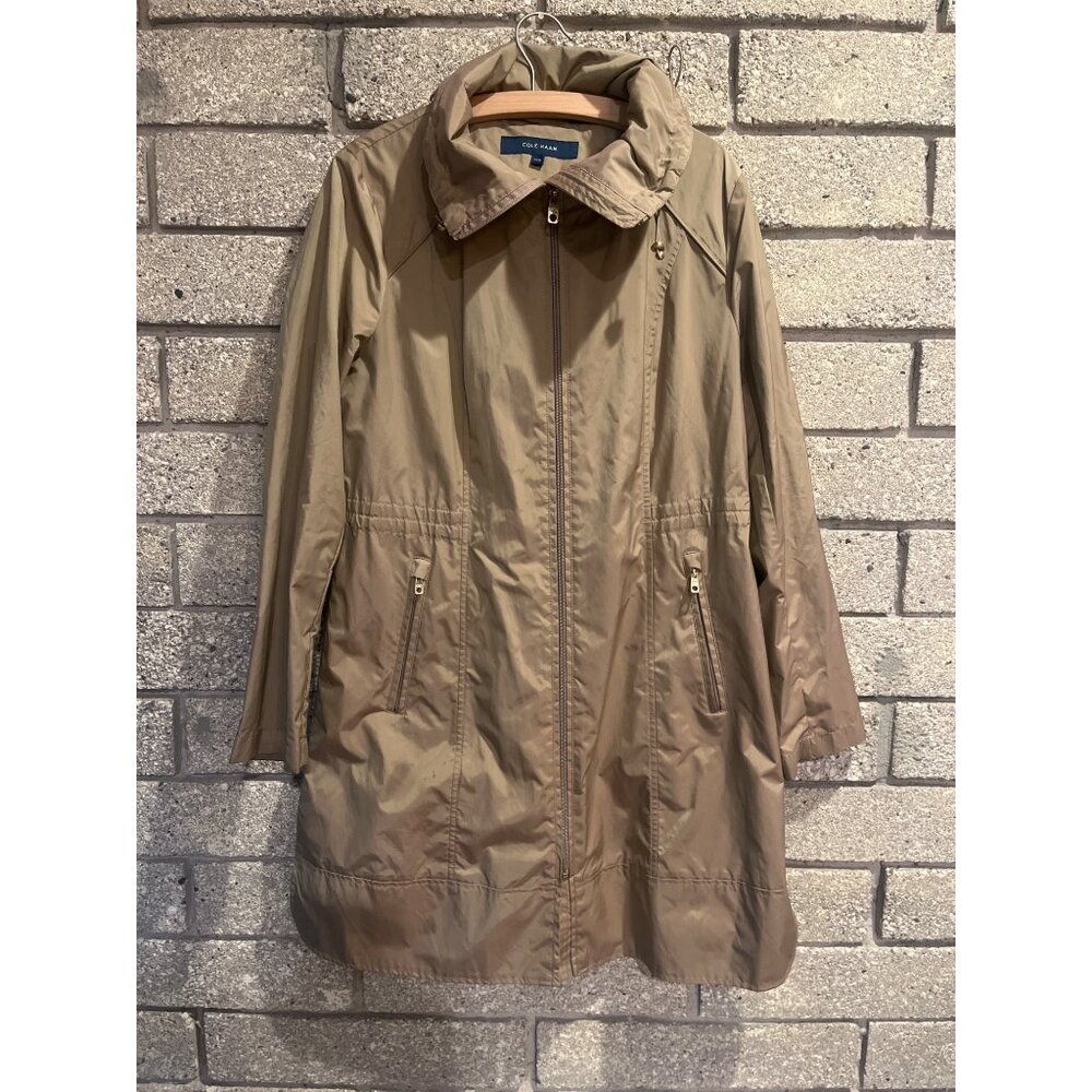 Cole Haan Tan Lightweight Hooded Zip-Up RainCoat With Pockets Womens Size M irid